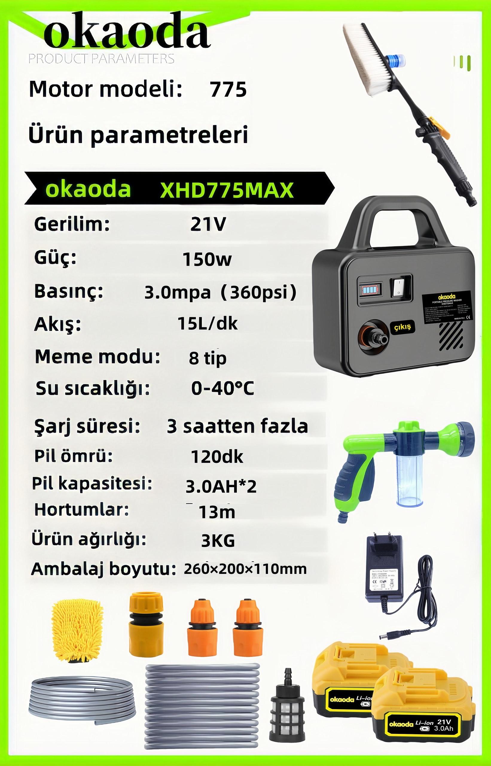 okaoda%20XHD775MAX%20Lityum%20Pil%20Yüksek%20Su%20Basınçlı%20Temizleme%20Makinesi%20Su%20Pompası