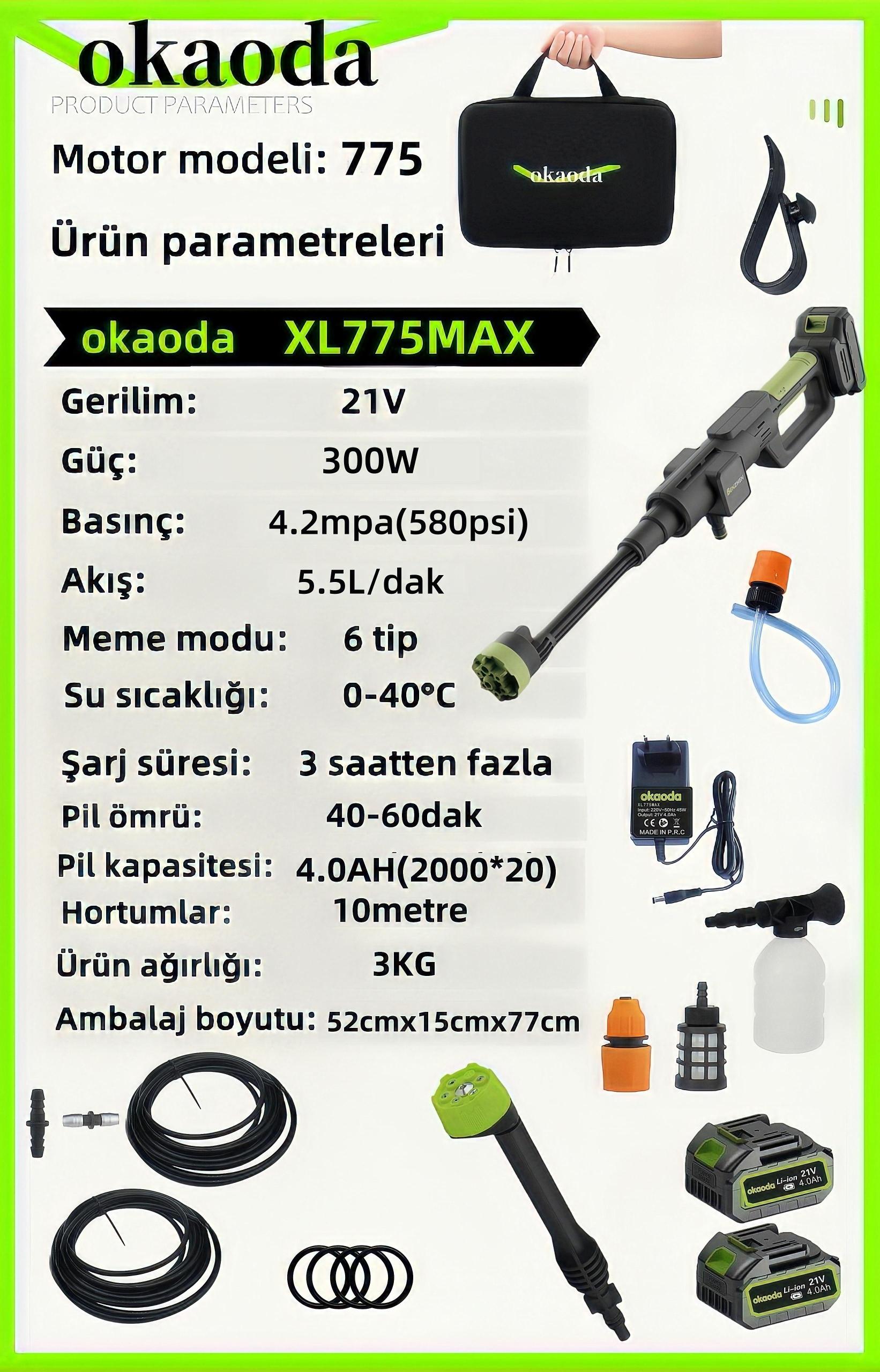 okaoda%20(XL775MAX)%20lityum%20pil%20yüksek%20su%20basınçlı%20temizleme%20makinesi%20araba%20yıkama%20tabancası