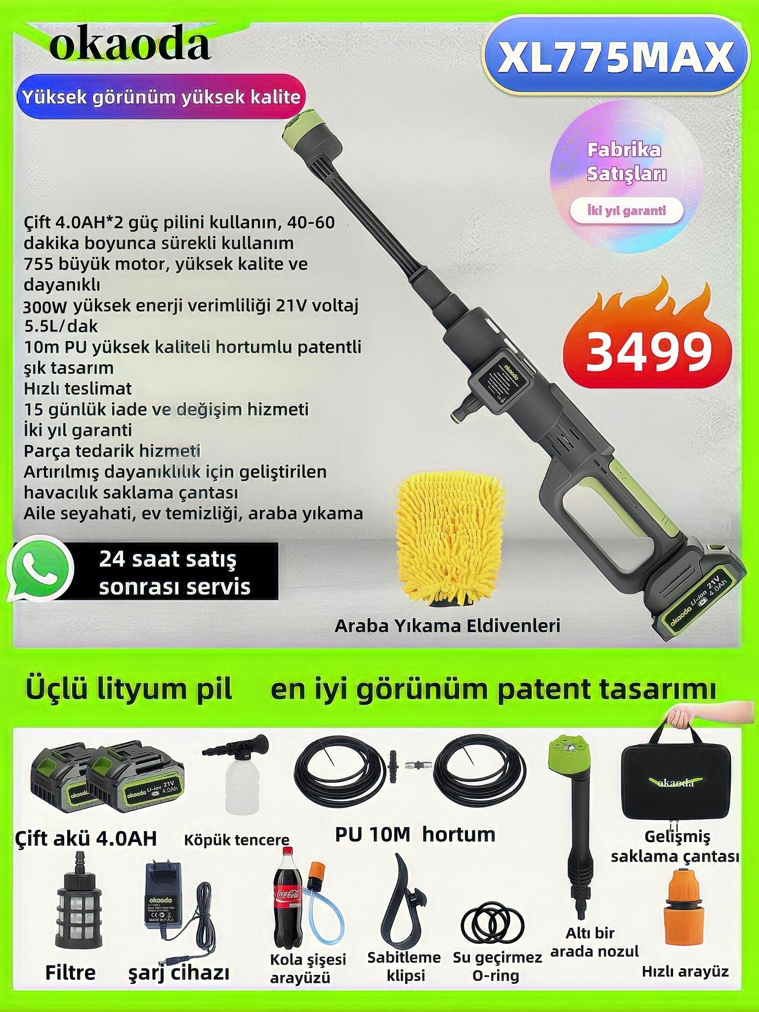 okaoda%20(XL775MAX)%20lityum%20pil%20yüksek%20su%20basınçlı%20temizleme%20makinesi%20araba%20yıkama%20tabancası